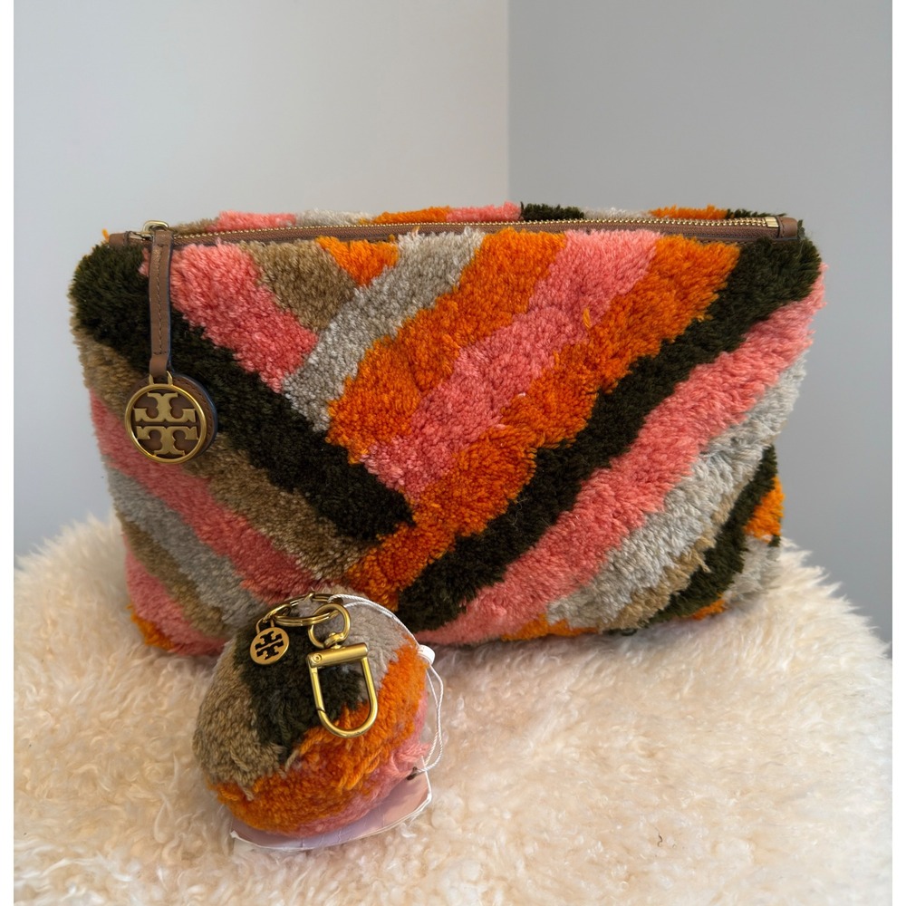 NWT Tory Burch Sadie Rug Shag Clutch with Matching Removable Bag Charm Fob Set